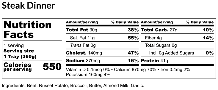 Nutritional Facts - Steak Dinner 6oz